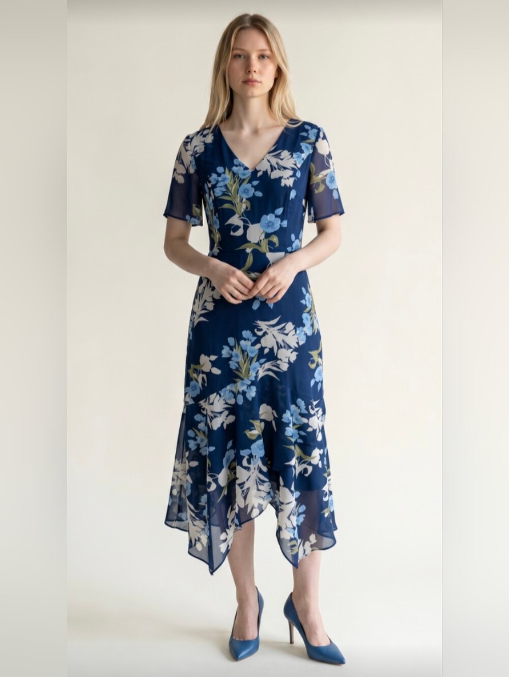 NWT! JJ'S HOUSE! ROYAL BLUE W/GREEN & CREAM FLORAL FLUTTER SLEEVE DRESS! SZ M